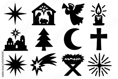 Brutalist Christmas Icons. Christmas Star silhouette set: starburst, nativity, angel silhouette, glowing candle, Bethlehem skyline, pine tree, moon, cross, shining sky, comet tail,