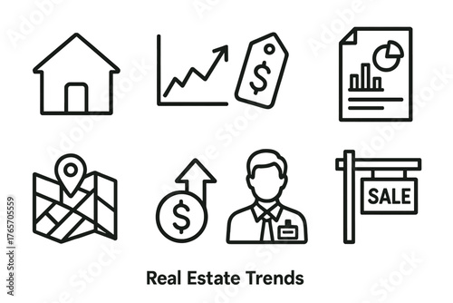 Real Estate Icons. Real Estate Trends outline set: house icon, market graph, price tag, document chart, neighborhood map, investment arrow, agent badge, sale board.