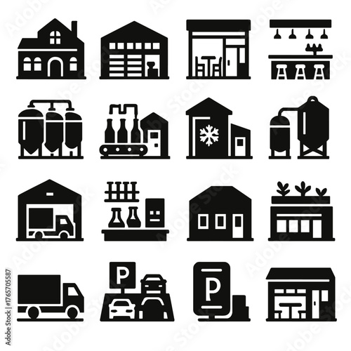Brewery Icons Collection. Brewery environment and buildings icons in silhouette. Brewery building, storage warehouse, tasting room, bar counter