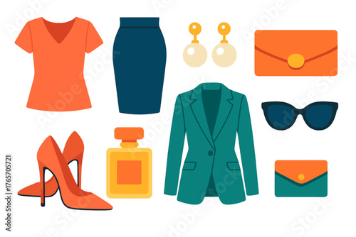 Chic Fashion Icons. Chic & Elegant flat icons: blouse, pencil skirt, high heels, clutch bag, pearl earrings, perfume bottle, blazer, sunglasses.