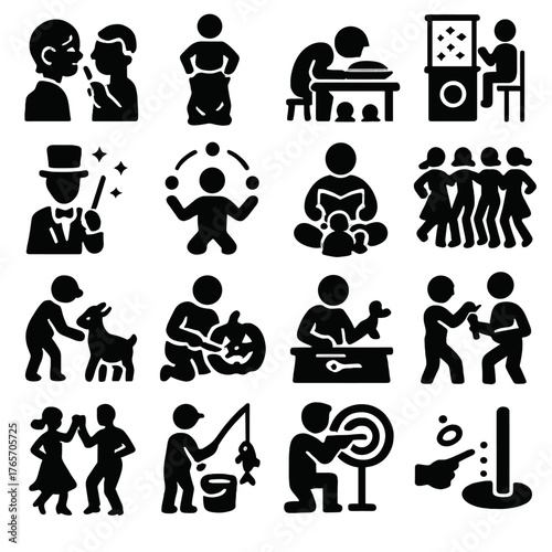 Festival Activity Icons. Regional fairs activities icons in silhouette. Face painting, sack race, pie eating contest, dunk tank, magic show, juggling
