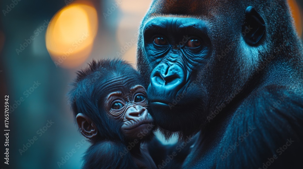 Obraz premium A powerful gorilla comforts its young offspring in a nurturing embrace under soft lighting