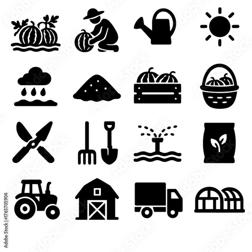 Watermelon Harvest Icons. Watermelon growth and harvesting icons in silhouette. Watermelon field, farmer picking, watering can, sun, rain, soil