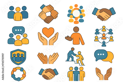 Community Support Icons. Community Support Icons flat icons: group of people, teamwork hands, community circle, handshake, group chat, shared support, heart in hands, volunteer