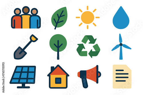 Climate Action Icons. Community Climate Action flat icons: people group, leaf, sun, water droplet, shovel, tree, recycling symbol, wind turbine, solar panel, house, megaphone,