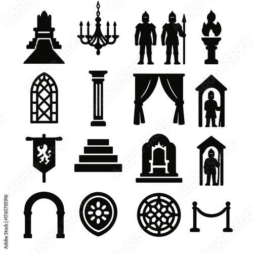 Throne Room Icons. Throne Room Elements icons in silhouette. Throne on dais, red carpet path, chandelier above, twin guards, stained glass window