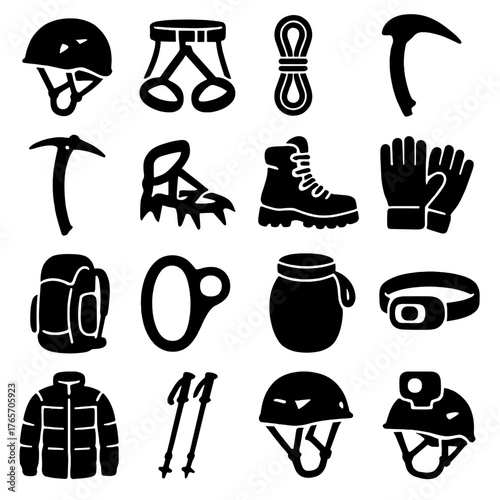 Alpinist Gear Icons. Alpinist equipment and gear icons in silhouette. Climbing helmet, harness, climbing rope, carabiner, ice axe, crampons, climbing