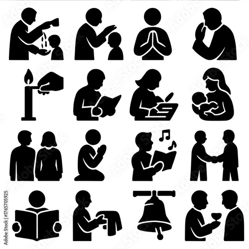 Baptism Ceremony Icons. Baptism ceremony actions icons in silhouette. Pouring water, blessing hands, praying, anointing forehead, lighting candle