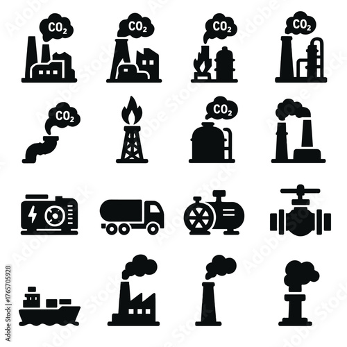 Industrial Emissions Icons. CO2 in industry and manufacturing icons in silhouette. Cement factory, steel mill, chemical plant, oil refinery, exhaust