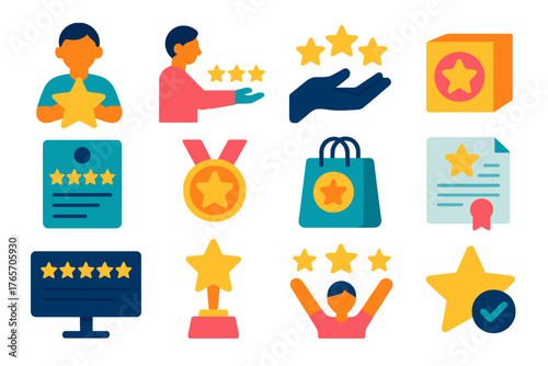 Star-Themed Icon Set. High Rating Actions flat icons: person holding star, customer giving stars, hand with five stars, product with star badge, feedback form with stars, award