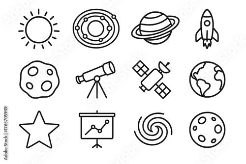Solar System Icons. Solar System Layout outline set: sun, planets, orbit lines, rocket, asteroid, telescope, satellite, globe, star, chart, galaxy swirl, moon.