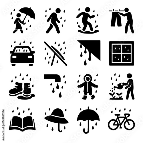 Rainy Day Icons. Rain in daily life and activities icons in silhouette. Person with umbrella, walking in rain, puddle jumping, drying wet clothes