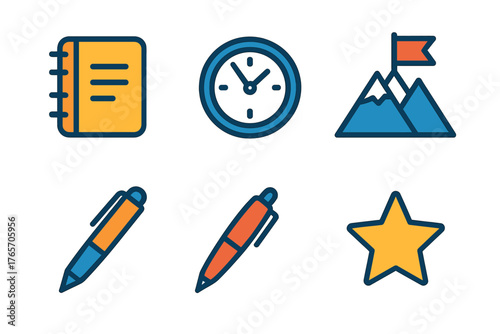 Goal Setting Icons. New Year Goals flat icons: notebook, clock, mountain peak, goal flag, pen, star.