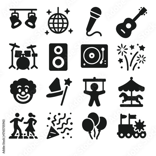 Entertainment Icon Set. Town events entertainment icons in silhouette. Stage lights, disco ball, microphone, guitar, drums, speaker, DJ turntable