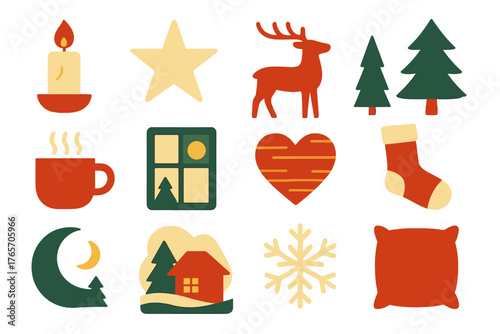 Nordic Christmas Icons. Christmas Mood Nordic Calm flat icons: minimal candle, simple star, reindeer silhouette, pine tree, steaming mug, window light, wooden heart, wool sock,