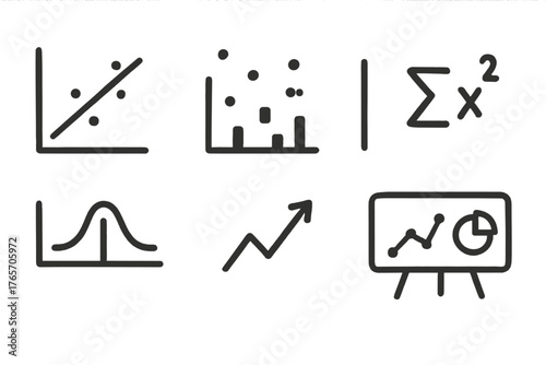 Doodle Analytics Icons. Statistical Modeling linear set: regression line, scatter plot, histogram, equation icon, confidence interval graph, trend marker, analytics board, variable