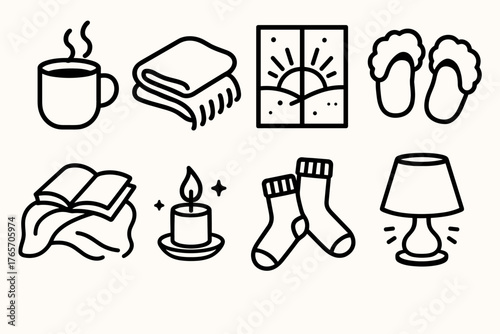 Cozy Winter Icons. Winter Mornings Cozy Start outline set: steaming mug, warm blanket, sunrise window, fluffy slippers, book on lap, candle glow, wool socks, gentle light.