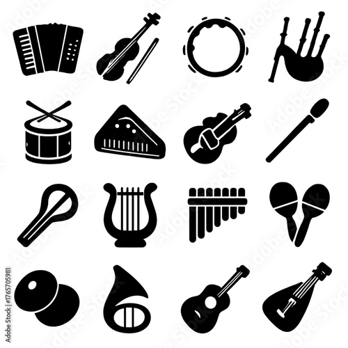Folklore Instrument Silhouettes. Folklore festivals instruments icons in silhouette. Accordion, fiddle, tambourine, bagpipe, drum, dulcimer