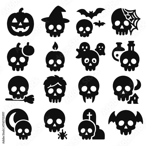Halloween Skull Icons. Skull Halloween icons in silhouette. Jack-o-lantern skull, skull with witch hat, skull with bats, skull with cobwebs, skull with