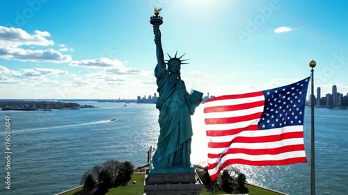 Iconic Statue of Liberty with American Flag waving proudly against a bright blue sky, symbolizing freedom and democracy