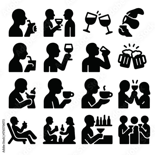 Silhouette Drink Icons. Drinking actions and scenarios icons in silhouette. Sipping, toasting, clinking glasses, pouring drink, drinking straw