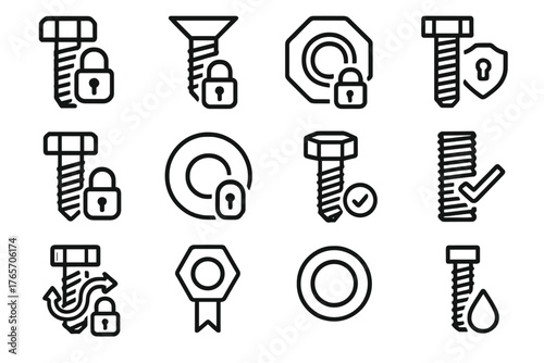 Thread Lock Icon Set. Thread Lock Basics outline set: bolt with lock, screw with padlock, nut with lock symbol, threaded rod with shield, hex bolt with lock, washer with lock,