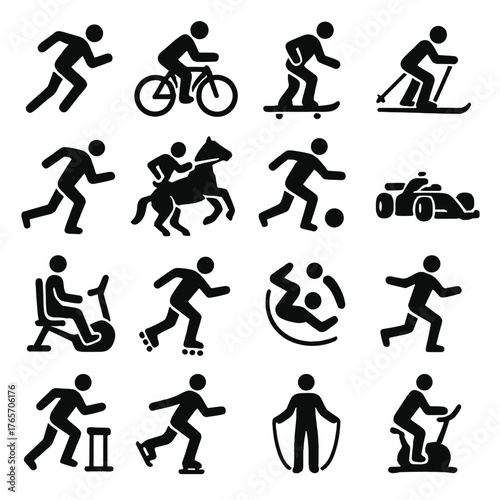 Sport Braking Icons. Sports and exercise braking actions icons in silhouette. Sprint stop, bicycle brake, skateboard brake, skiing stop, running stop