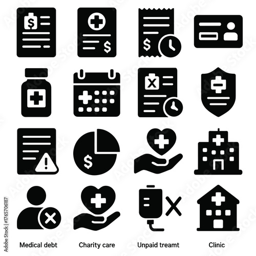 Unpaid Medical Icons. Unpaid medical bills and services icons in silhouette. Hospital bill, medical invoice, unpaid receipt, healthcare card