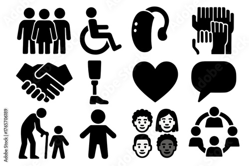 Diverse Icons Set. Human diversity silhouette set: group of people, wheelchair, hearing aid, different skin tones, handshake, prosthetic leg, heart, speech bubble, elderly figure,