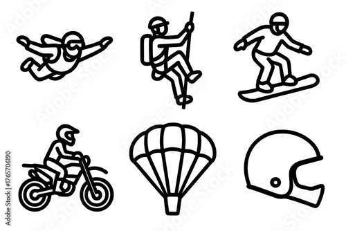 Extreme Adventure Icons. Extreme Adventure outline set: skydiver, climbing rope, snowboard, motorcycle, parachute, helmet.,