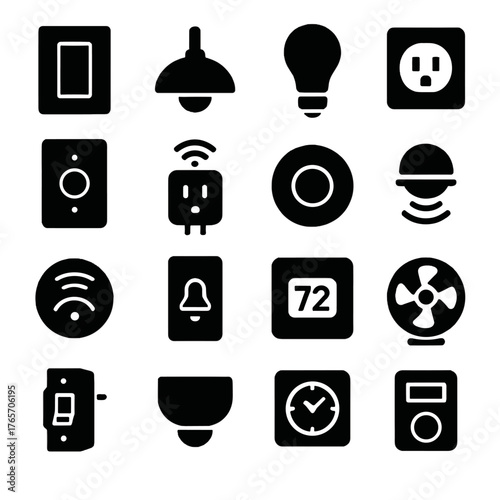 Electrical Fixtures Silhouettes. Home Electrical Fixtures icons in silhouette. Wall switch, ceiling light, light bulb, power outlet, dimmer switch