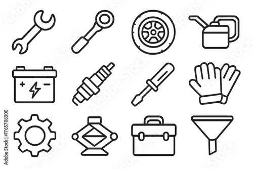 Auto Repair Tools Icons. Auto Repairs outline set: wrench, ratchet, tire, oil can, car battery, spark plug, screwdriver, gloves, gear, jack, toolbox, funnel., .,