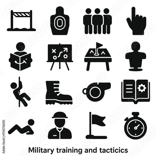 Military Training Icons. Military Training and Tactics icons in silhouette. Obstacle course, shooting target, drill formation, command hand gesture