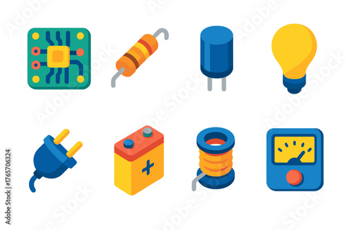 Electrical Components Icons. Electrical Engineering flat icons: circuit board, resistor, capacitor, lightbulb, plug, battery, wire coil, voltmeter.