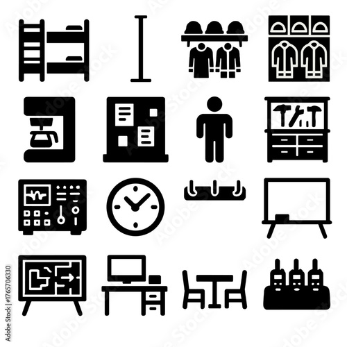 Fire Station Icons. Fire station interior items icons in silhouette. Bunk bed, fire pole, helmet rack, uniform shelf, coffee machine, bulletin board