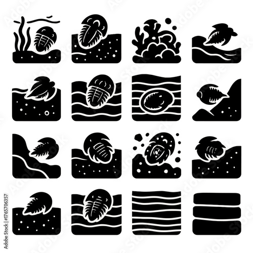 Trilobite Silhouette Icons. Trilobite environments icons in silhouette. Ancient sea bed, marine sediment, coral reef, shallow sea, deep ocean, fossil