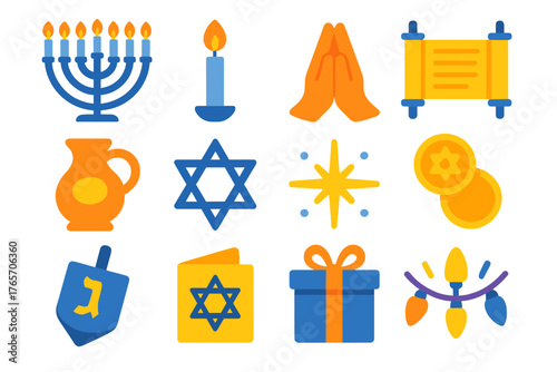 Hanukkah Icon Set. Hanukkah Blessings flat icons: menorah, candle flame, prayer hands, Hebrew scroll, oil jar, star of David, light spark, coins, dreidel, blessing card, gift box,
