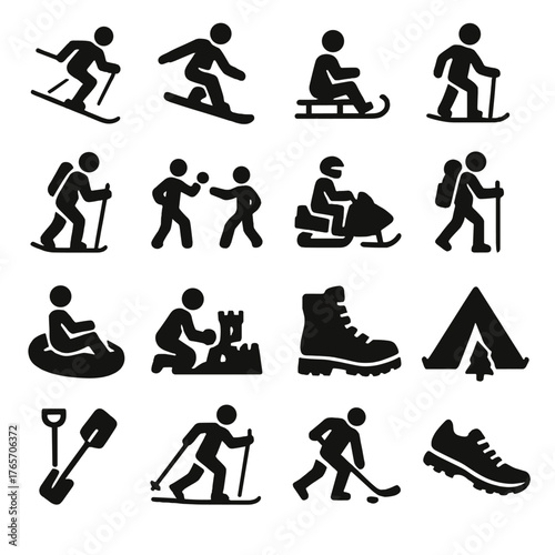 Winter Sports Icons. Snow in sports and outdoor activities icons in silhouette. Skiing, snowboarding, sledding, ice skating, snowshoeing, snowball