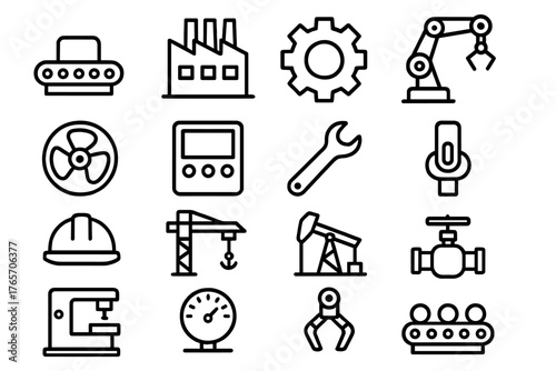 Industrial Automation Icons. Industrial Automation outline set: conveyor belt, factory, gear, robot arm, turbine, control panel, wrench, switch, helmet, crane, oil pump, valve,