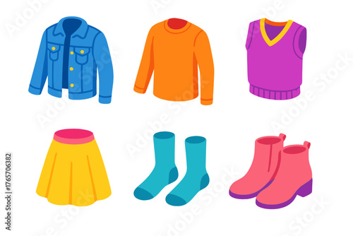 Stylish Fashion Icons. Fashion Layers flat icons: denim jacket, long sleeve shirt, knit vest, skirt, socks, ankle boots.