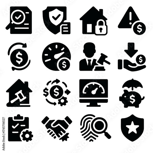 Lending Risks Icons. Lending risks and protections icons in silhouette. Risk assessment, insurance policy, collateral, default warning, loan