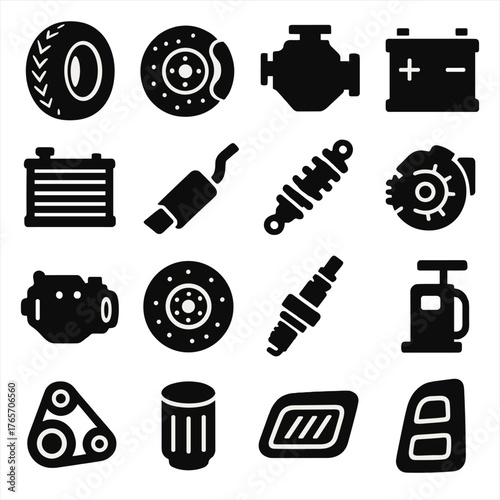 Car Parts Icons. Car parts for repair icons in silhouette. Tire, brake disc, engine, battery, radiator, exhaust pipe, shock absorber, alternator