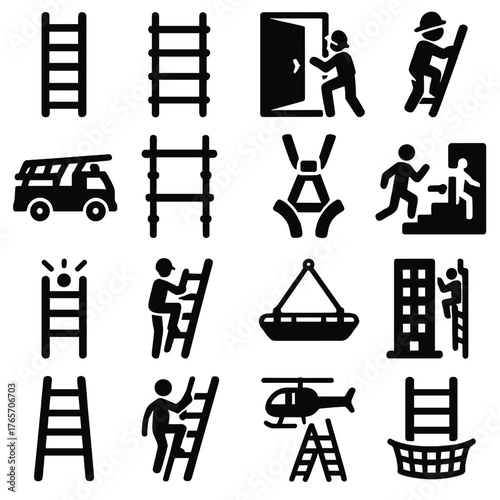 Emergency Ladder Icons. Ladder in emergency and rescue icons in silhouette. Fire ladder, rescue ladder, emergency exit ladder, firefighter climbing