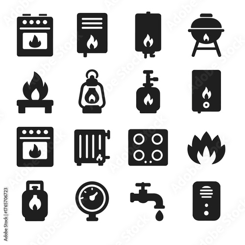 Gas Appliance Icons. Gas appliances and usage icons in silhouette. Gas stove, gas heater, gas water heater, gas grill, gas fireplace, gas lantern
