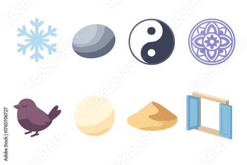 Tranquility Icon Set. Tranquility flat icons: snowflake, smooth pebble, yin-yang, mandala circle, resting bird, glowing orb, sand dune, open window.