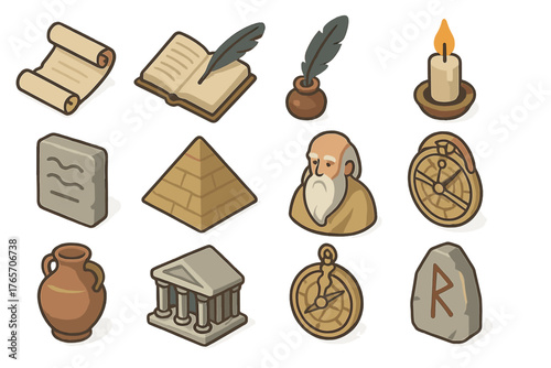 Ancient Icons Collection. Ancient wisdom flat icons: scroll, open book, quill, candle flame, stone tablet, pyramid, sundial, wise elder, clay pot, temple, astrolabe, rune stone.