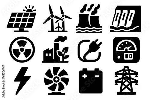 Electric Energy Icons. Electric Energy Sources silhouette set: solar array, wind farm, geothermal plant, hydro station, nuclear core, biomass plant, power cable, smart meter,