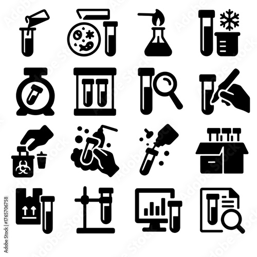 Lab Process Icons. Test tube lab processes icons in silhouette. Preparing solutions, culturing microbes, heating liquids, cooling mixtures