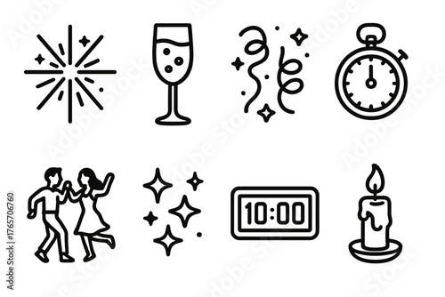 New Year Icons. New Year Joy outline set: celebration fireworks, bubbly drink, streamer ribbons, midnight spark, dancing couple, sparkling stars, countdown timer, glowing candle.