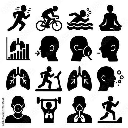 Breathing Exercise Icons. Breathe sports and exercise icons in silhouette. Runner breathing, cyclist breathing, swimmer exhaling bubbles, yoga